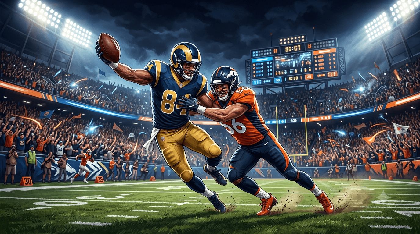 Editorial illustration of Rams vs Broncos NFL Week 3 night stadium comeback game